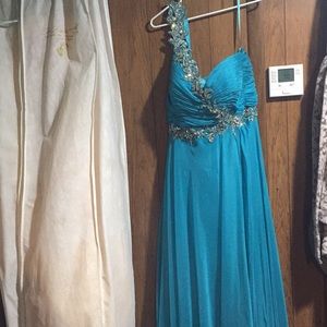 One shoulder Teal prom dress